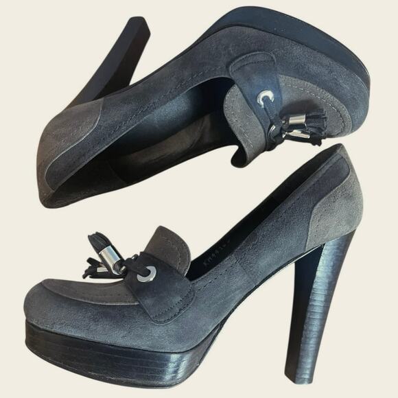 Stuart Weitzman Tasseled Platform Heeled Loafers Slip On Gray Suede Leather 7M - Picture 4 of 8
